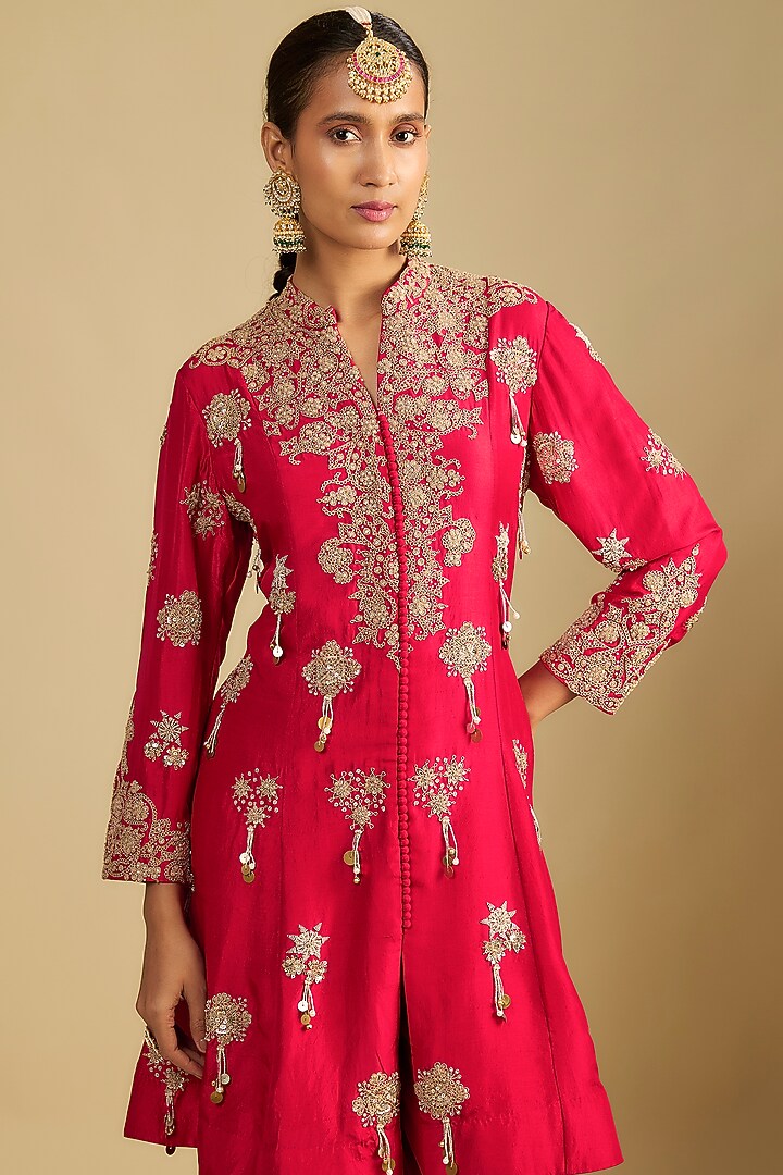 Red Silk Dori Work Tunic Set by Jaya Rathore at Pernia's Pop Up Shop