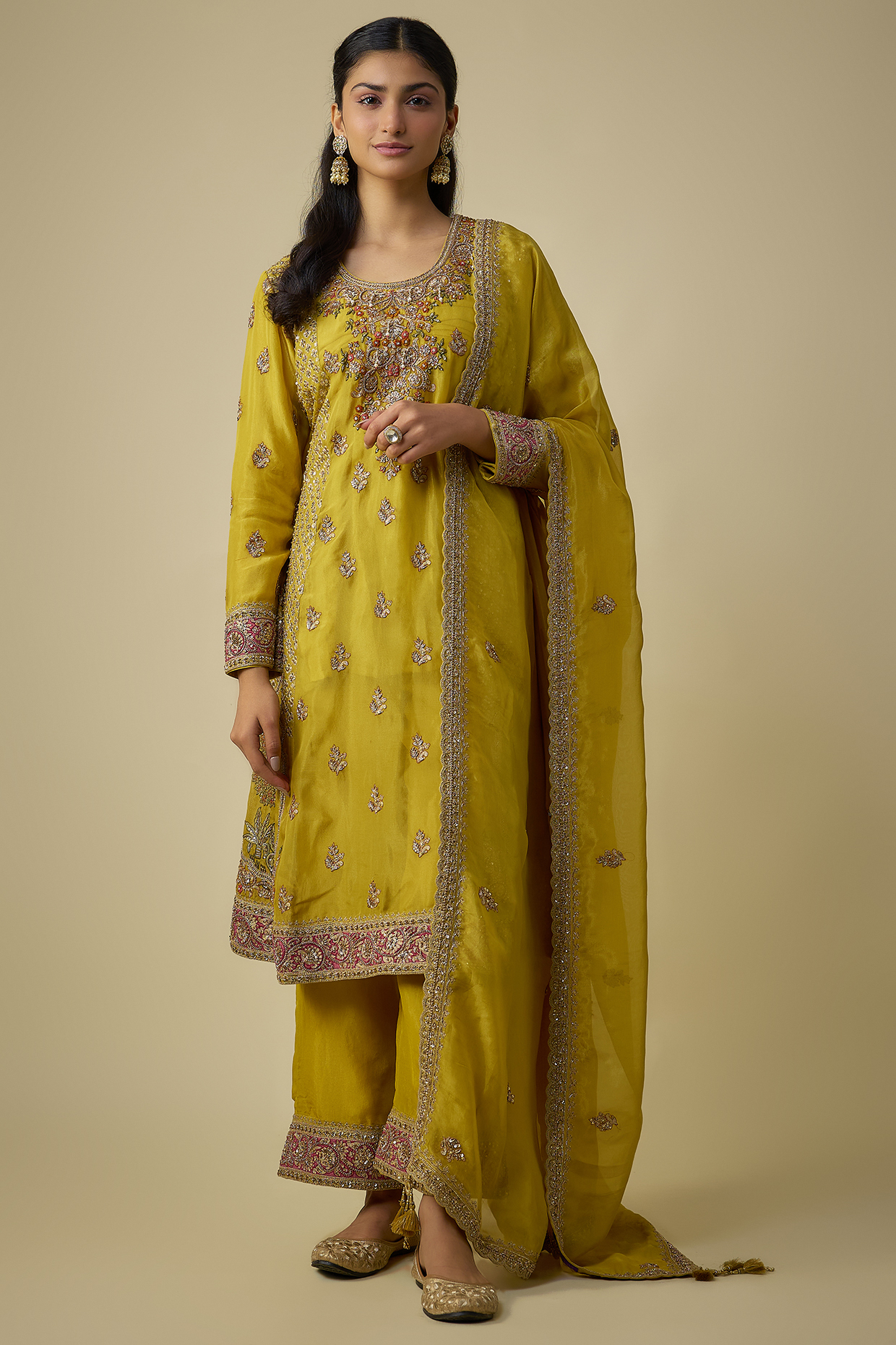 Mustard Yellow Shimmer Tissue Embroidered Tunic Set by Jaya Rathore at Pernia's Pop Up Shop