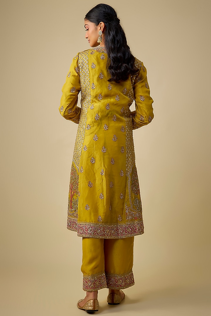 Mustard Yellow Shimmer Tissue Embroidered Tunic Set by Jaya Rathore at Pernia's Pop Up Shop