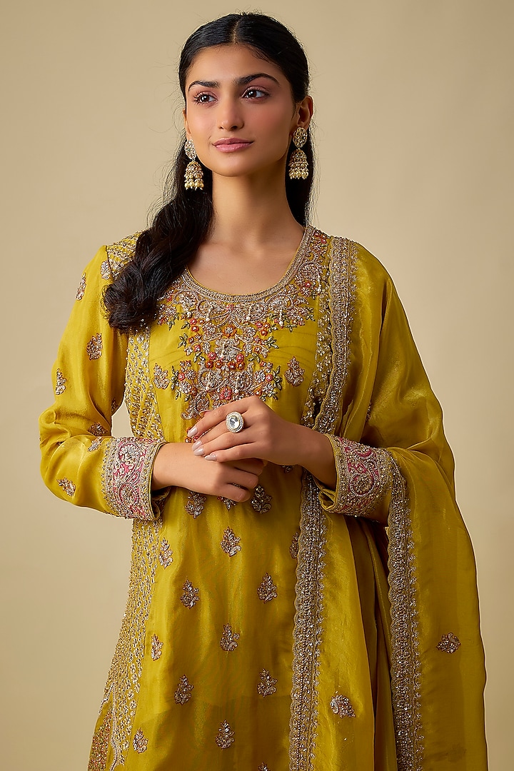 Mustard Yellow Shimmer Tissue Embroidered Tunic Set by Jaya Rathore at Pernia's Pop Up Shop