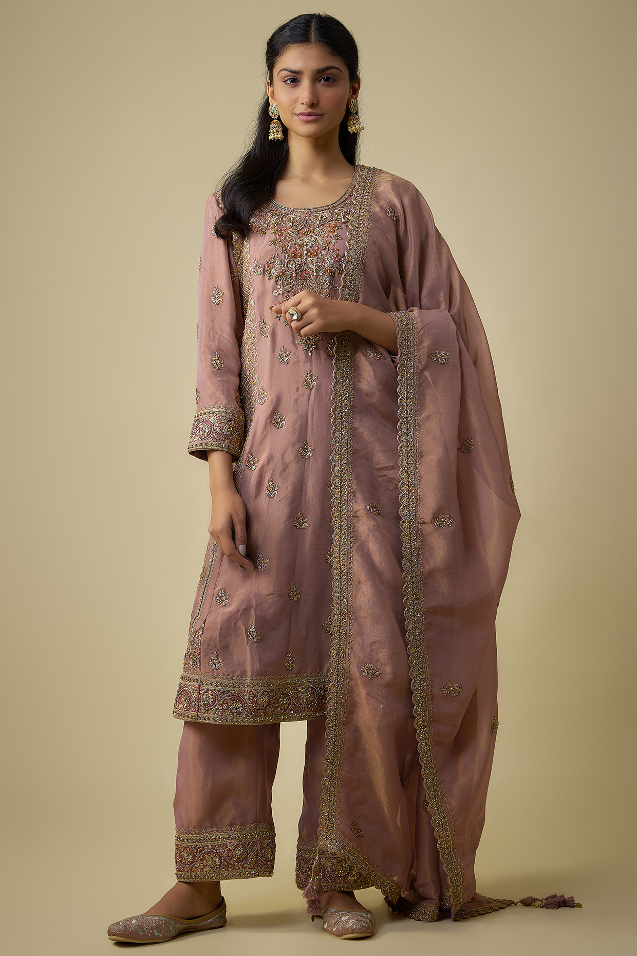 Onion Pink Shimmer Tissue Embroidered Tunic Set by Jaya Rathore at Pernia's Pop Up Shop