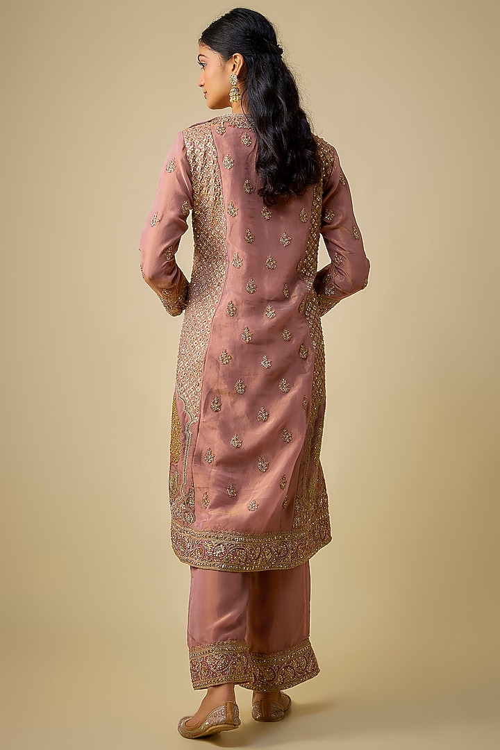 Onion Pink Shimmer Tissue Embroidered Tunic Set by Jaya Rathore at Pernia's Pop Up Shop
