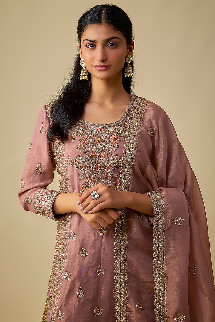 Onion Pink Shimmer Tissue Embroidered Tunic Set by Jaya Rathore at Pernia's Pop Up Shop