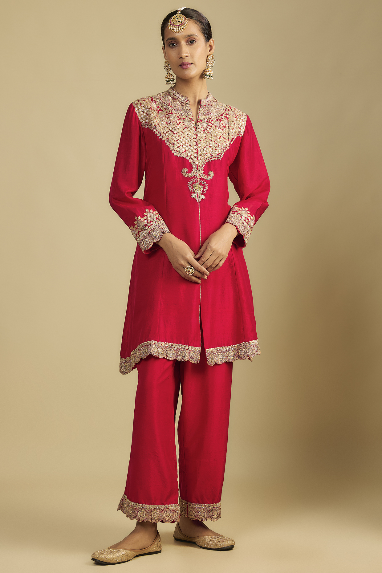 Red Silk Gota Embroidered Tunic Set by Jaya Rathore at Pernia's Pop Up Shop