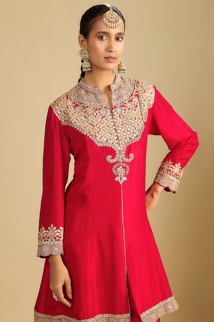 Red Silk Gota Embroidered Tunic Set by Jaya Rathore at Pernia's Pop Up Shop