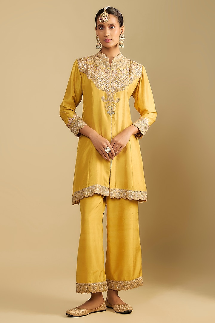 Mustard Silk Gota Embroidered Tunic Set by Jaya Rathore at Pernia's Pop Up Shop