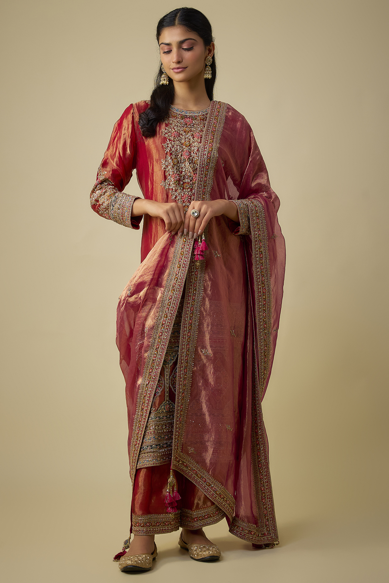 Red Tissue Embroidered Tunic Set by Jaya Rathore at Pernia's Pop Up Shop