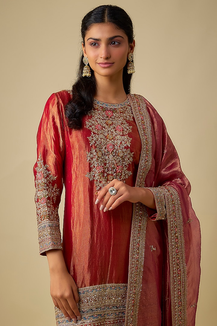 Red Tissue Embroidered Tunic Set by Jaya Rathore at Pernia's Pop Up Shop