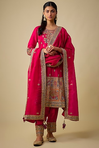 Red Silk Dori Embroidered Tunic Set by Jaya Rathore