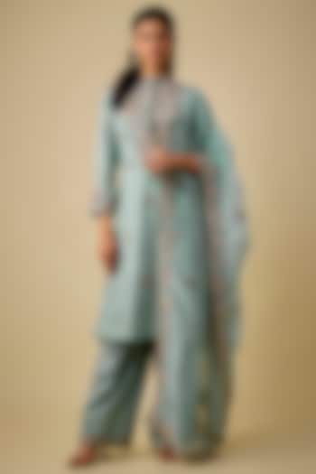 Wash Blue Silk Embroidered Tunic Set by Jaya Rathore at Pernia's Pop Up Shop