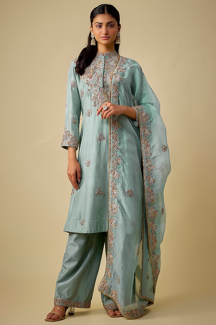 Wash Blue Silk Embroidered Tunic Set by Jaya Rathore at Pernia's Pop Up Shop