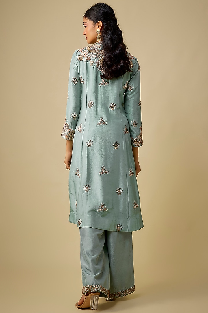 Wash Blue Silk Embroidered Tunic Set by Jaya Rathore at Pernia's Pop Up Shop