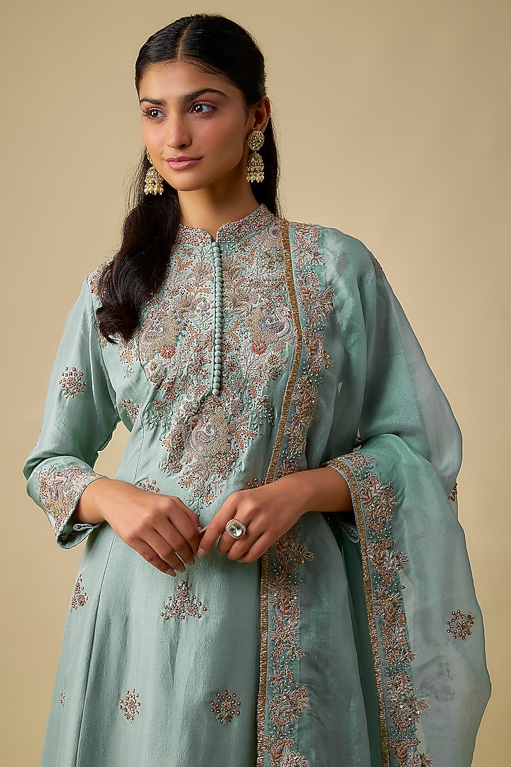 Wash Blue Silk Embroidered Tunic Set by Jaya Rathore at Pernia's Pop Up Shop