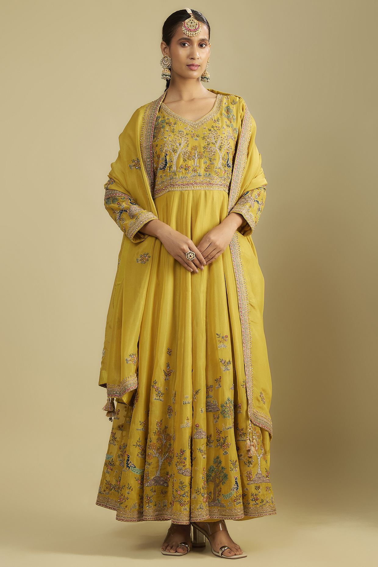 Mustard Shimmer Tissue Thread Embroidered Kalidar Bridal Anarkali Set by Jaya Rathore at Pernia's Pop Up Shop