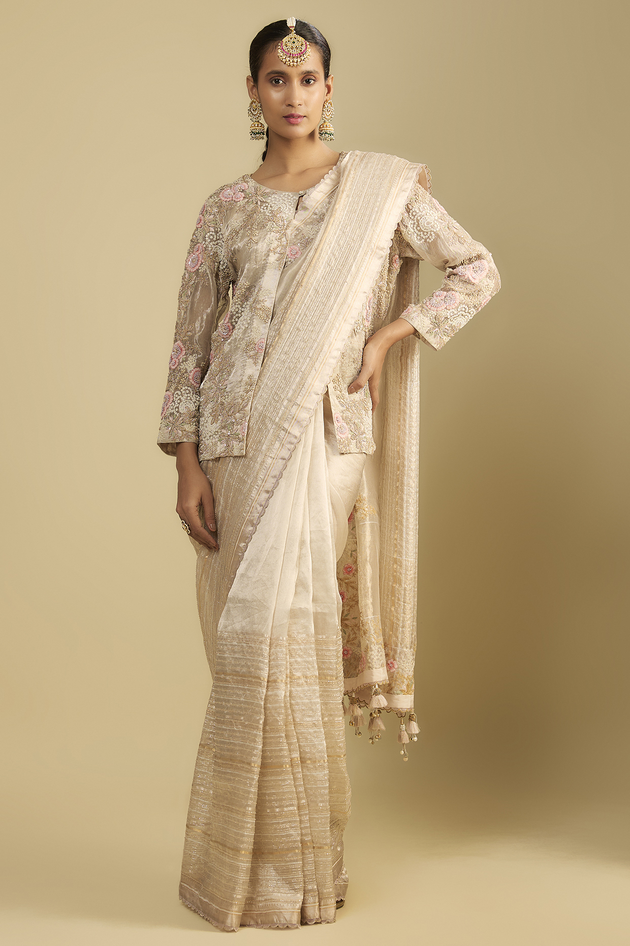 Ivory Tissue Moti & Thread Embroidered Jacket Reception Saree Set by Jaya Rathore at Pernia's Pop Up Shop