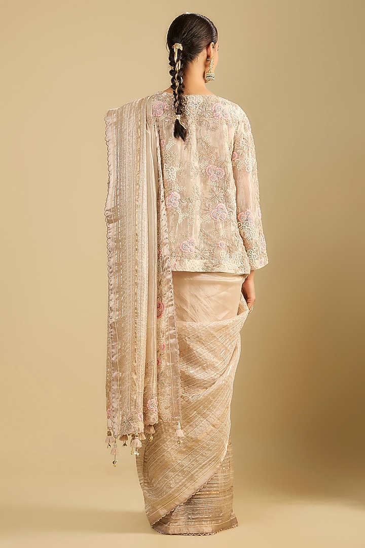 Ivory Tissue Moti & Thread Embroidered Jacket Reception Saree Set by Jaya Rathore at Pernia's Pop Up Shop