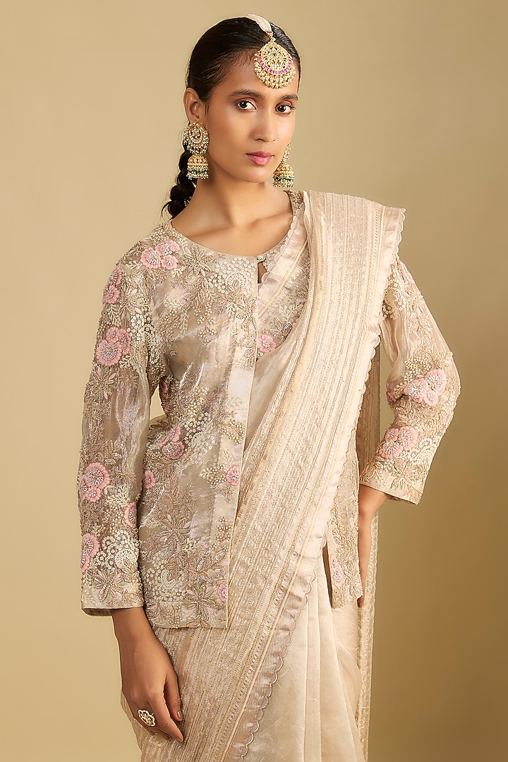 Ivory Tissue Moti & Thread Embroidered Jacket Reception Saree Set by Jaya Rathore at Pernia's Pop Up Shop