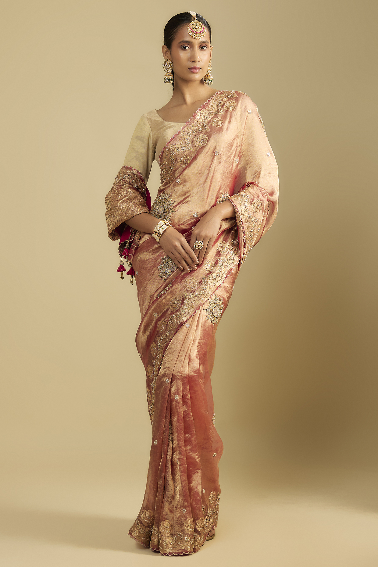 Pink Tissue Dori & Boota Embroidered Reception Saree Set by Jaya Rathore at Pernia's Pop Up Shop