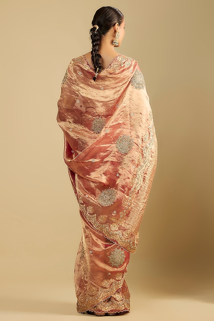 Pink Tissue Dori & Boota Embroidered Reception Saree Set by Jaya Rathore at Pernia's Pop Up Shop