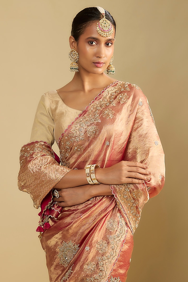 Pink Tissue Dori & Boota Embroidered Reception Saree Set by Jaya Rathore at Pernia's Pop Up Shop