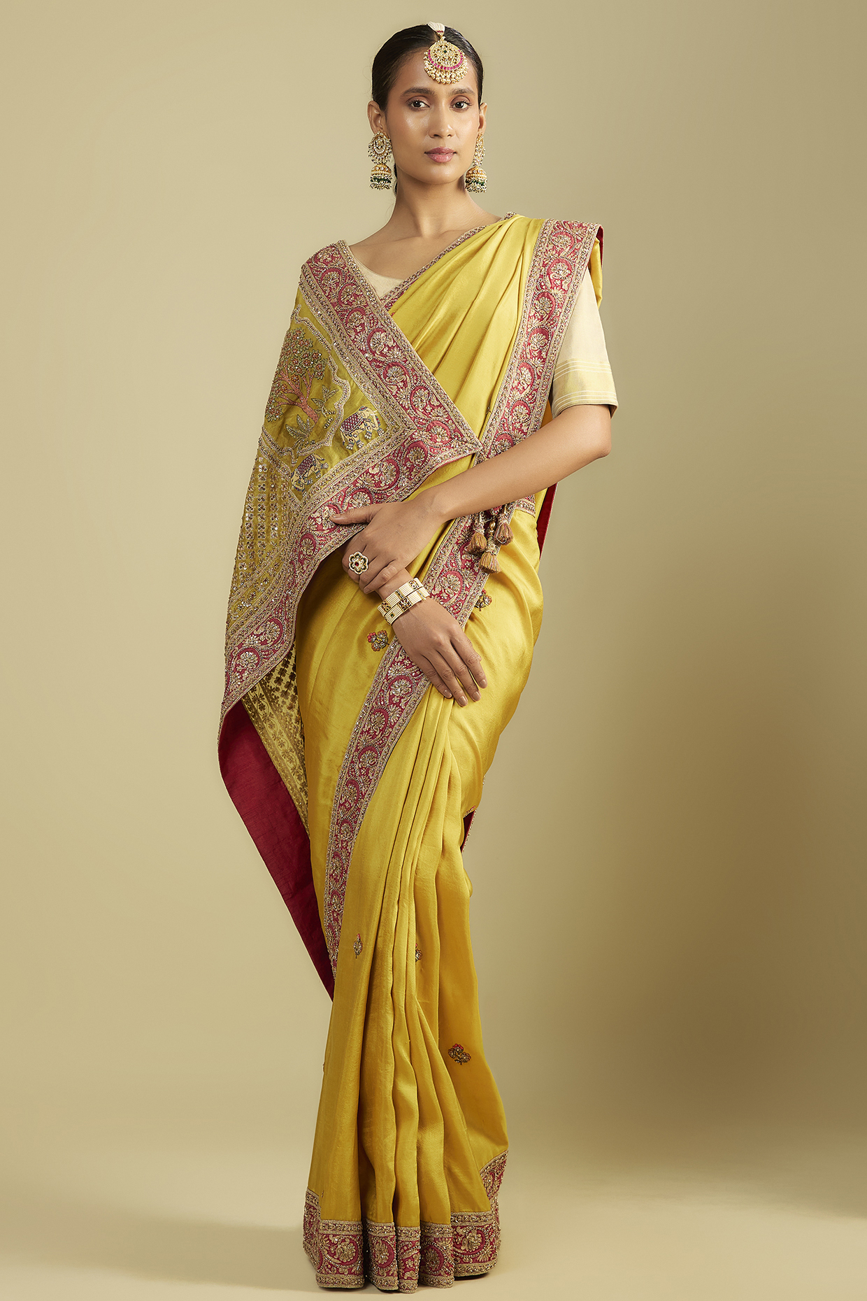Mustard Silk Jaal Embroidered Reception Saree Set by Jaya Rathore at Pernia's Pop Up Shop