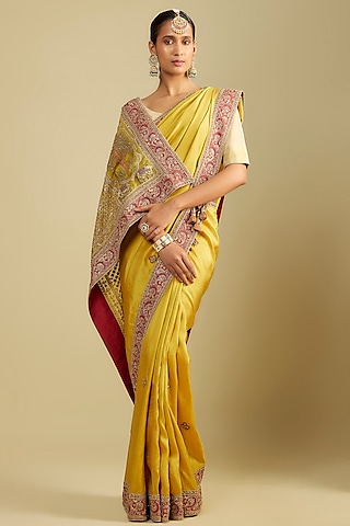 Mustard Silk Jaal Embroidered Saree Set by Jaya Rathore