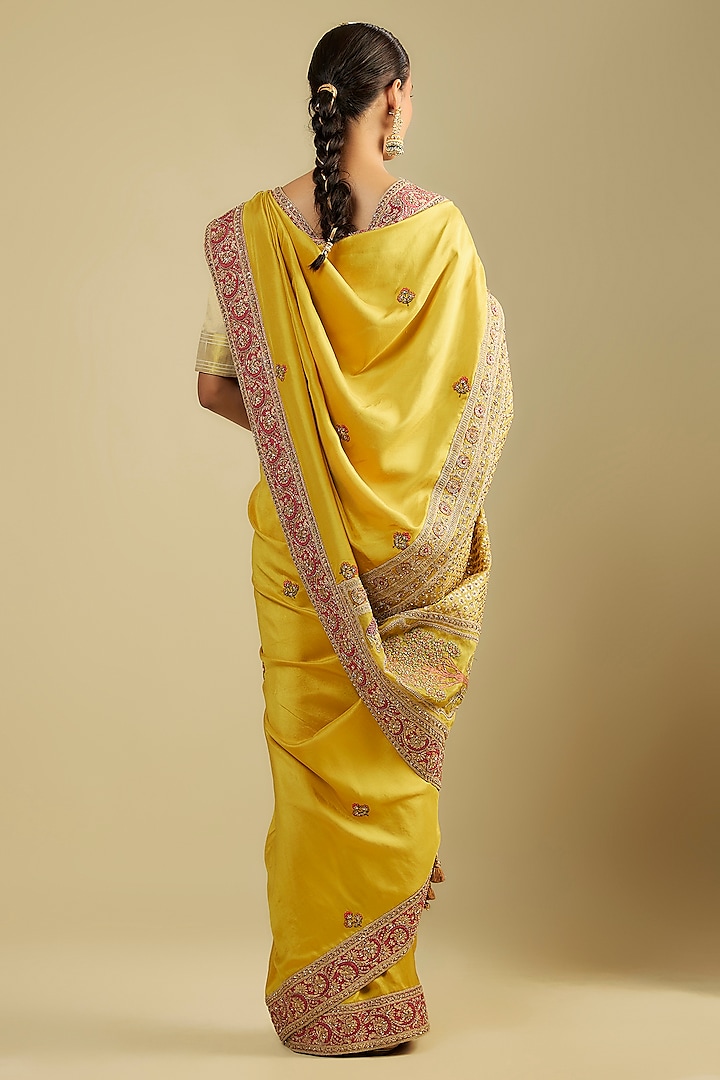 Mustard Silk Jaal Embroidered Reception Saree Set by Jaya Rathore at Pernia's Pop Up Shop