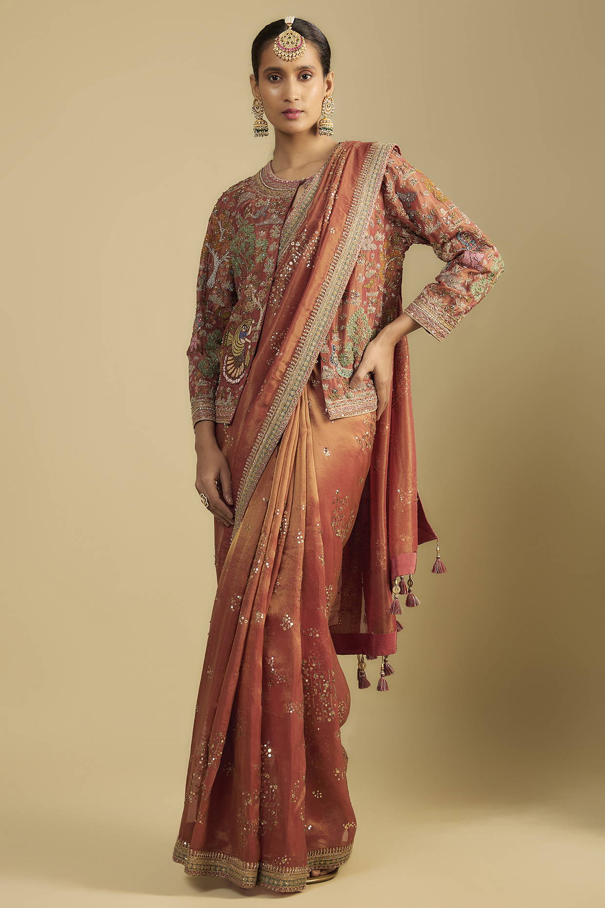 Rust Shimmer Tissue Thread Work Jacket Reception Saree Set by Jaya Rathore at Pernia's Pop Up Shop