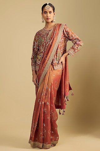Rust Shimmer Tissue Thread Work Jacket Saree Set by Jaya Rathore