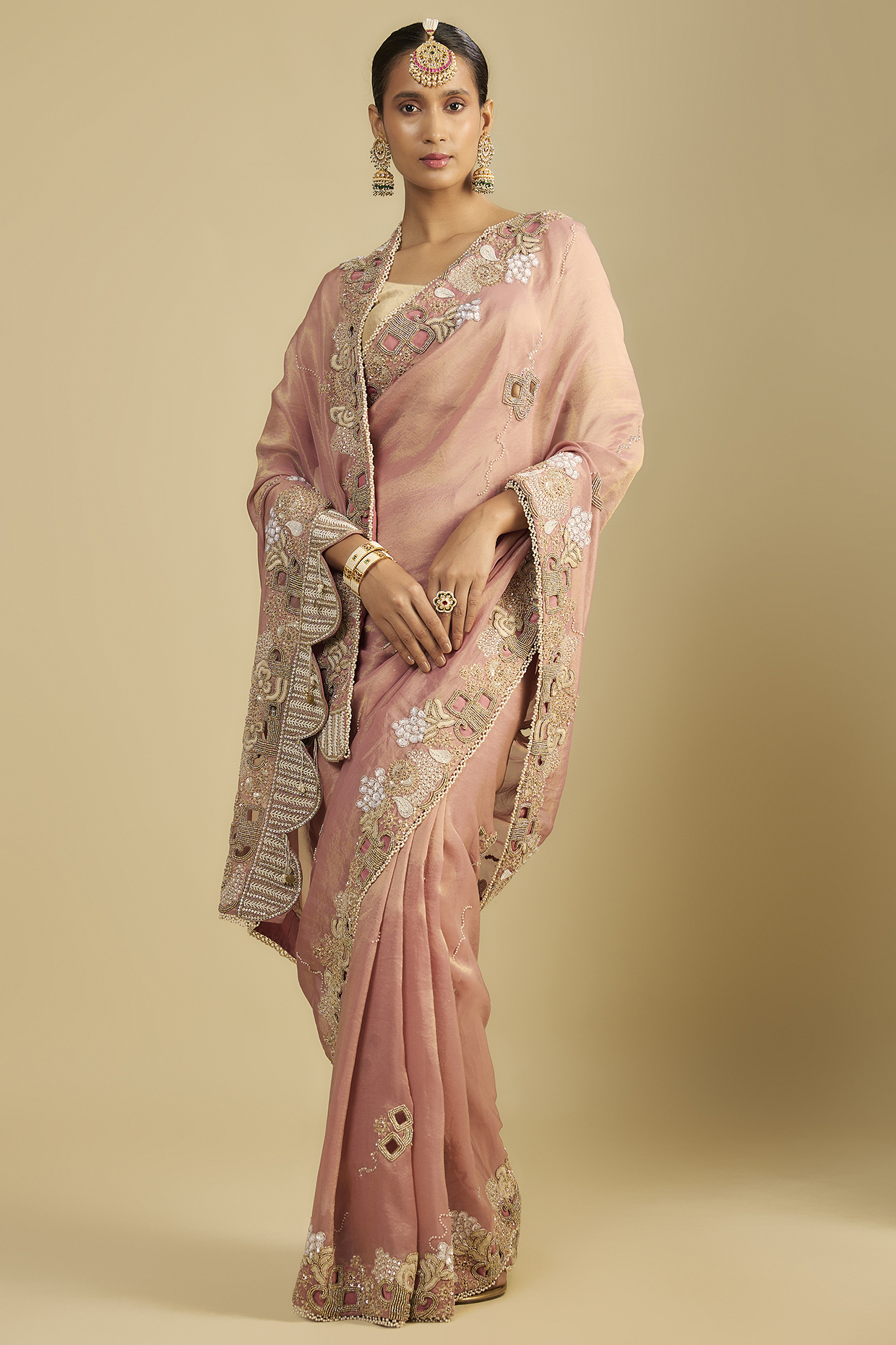 Onion Pink Shimmer Tissue Cutwork Embroidered Reception Saree Set by Jaya Rathore at Pernia's Pop Up Shop
