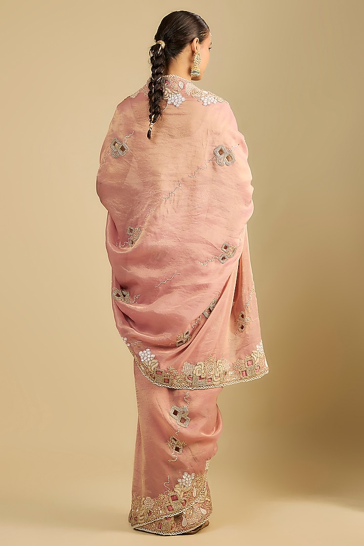 Onion Pink Shimmer Tissue Cutwork Embroidered Reception Saree Set by Jaya Rathore at Pernia's Pop Up Shop