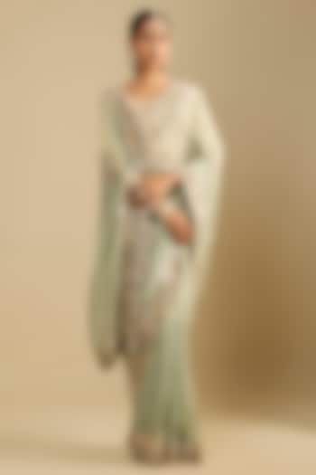 Wash Blue Shimmer Tissue Cutwork Embroidered Wedding Saree Set by Jaya Rathore at Pernia's Pop Up Shop