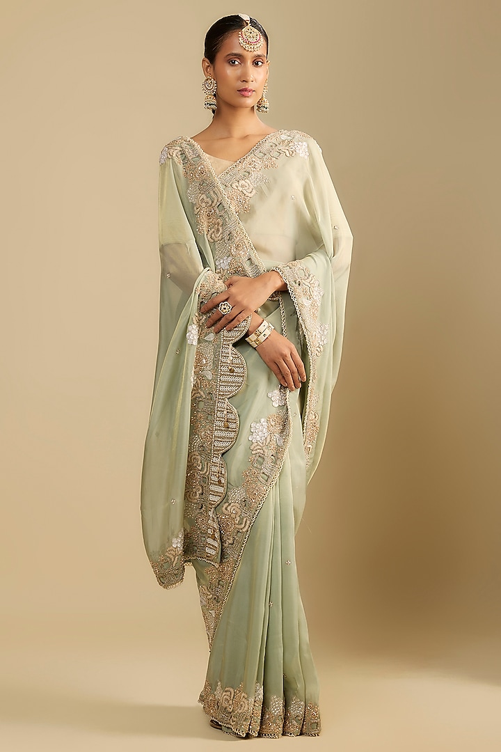 Wash Blue Shimmer Tissue Cutwork Embroidered Wedding Saree Set by Jaya Rathore at Pernia's Pop Up Shop