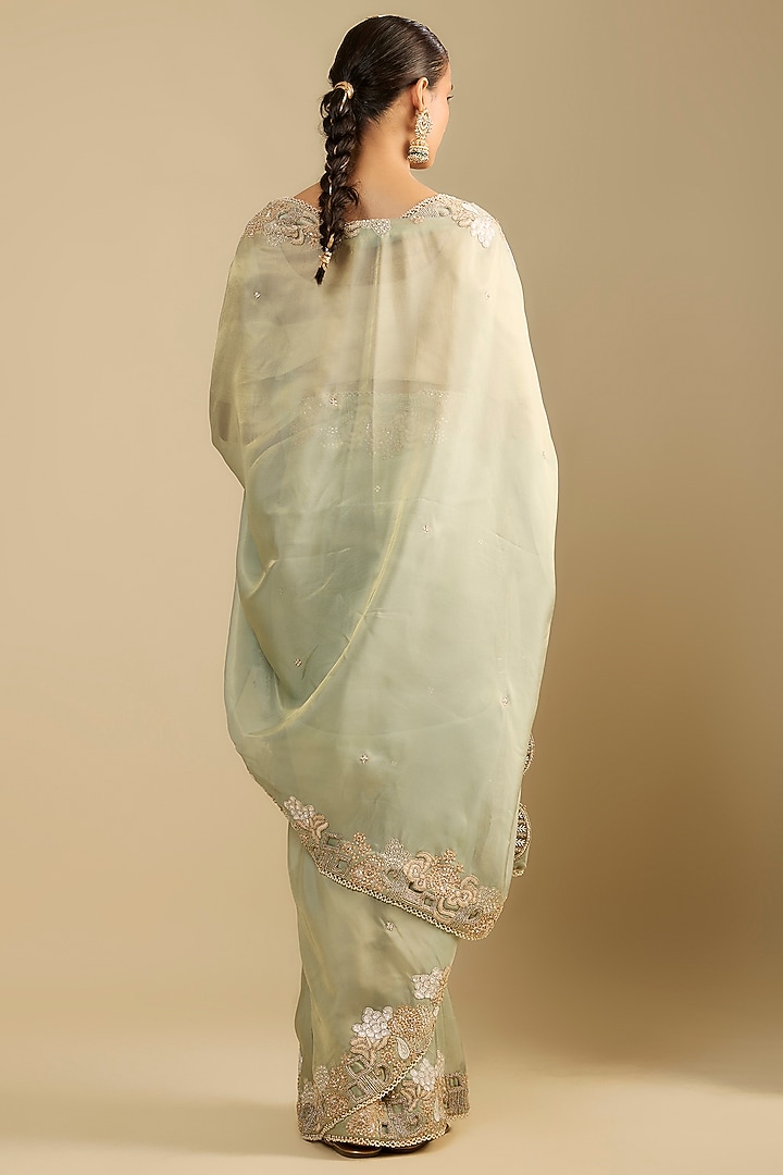 Wash Blue Shimmer Tissue Cutwork Embroidered Wedding Saree Set by Jaya Rathore at Pernia's Pop Up Shop