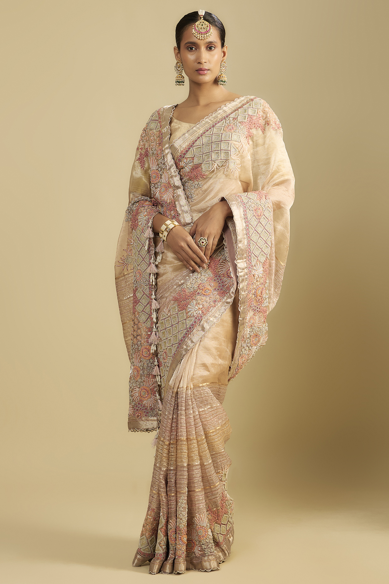 Peach Tissue Pearl Embroidered Reception Saree Set by Jaya Rathore at Pernia's Pop Up Shop