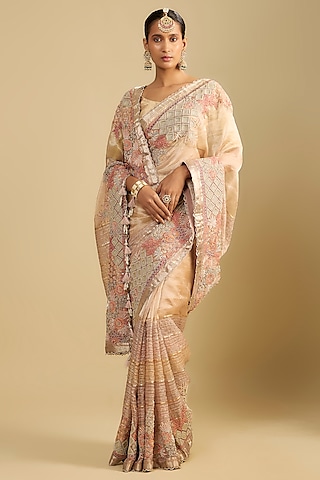 Peach Tissue Pearl Embroidered Saree Set by Jaya Rathore