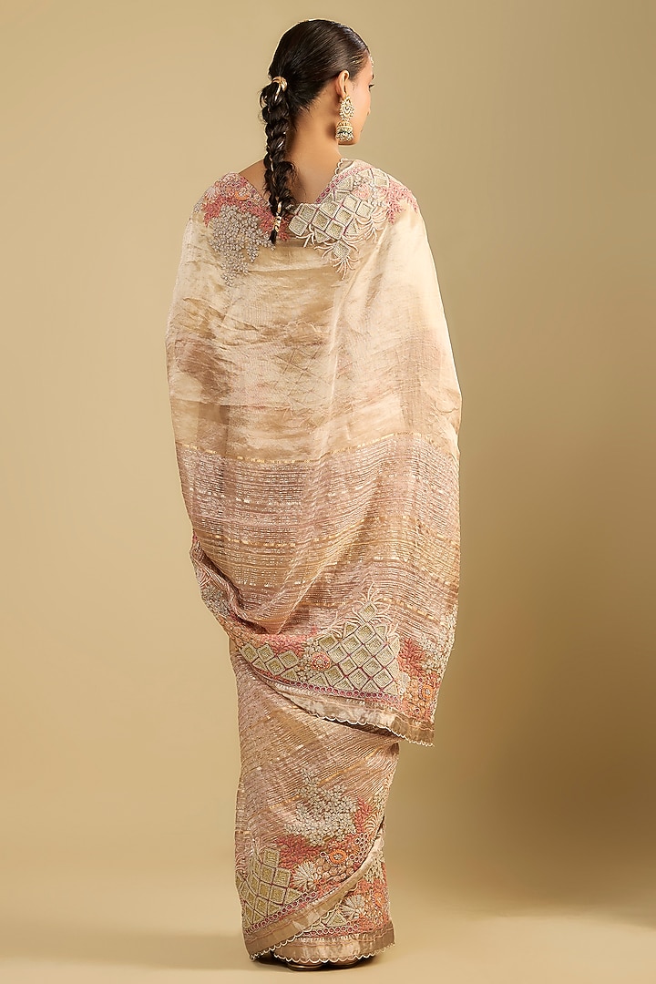 Peach Tissue Pearl Embroidered Reception Saree Set by Jaya Rathore at Pernia's Pop Up Shop