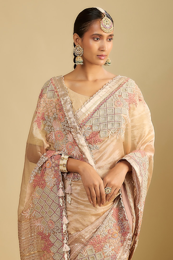 Peach Tissue Pearl Embroidered Reception Saree Set by Jaya Rathore at Pernia's Pop Up Shop