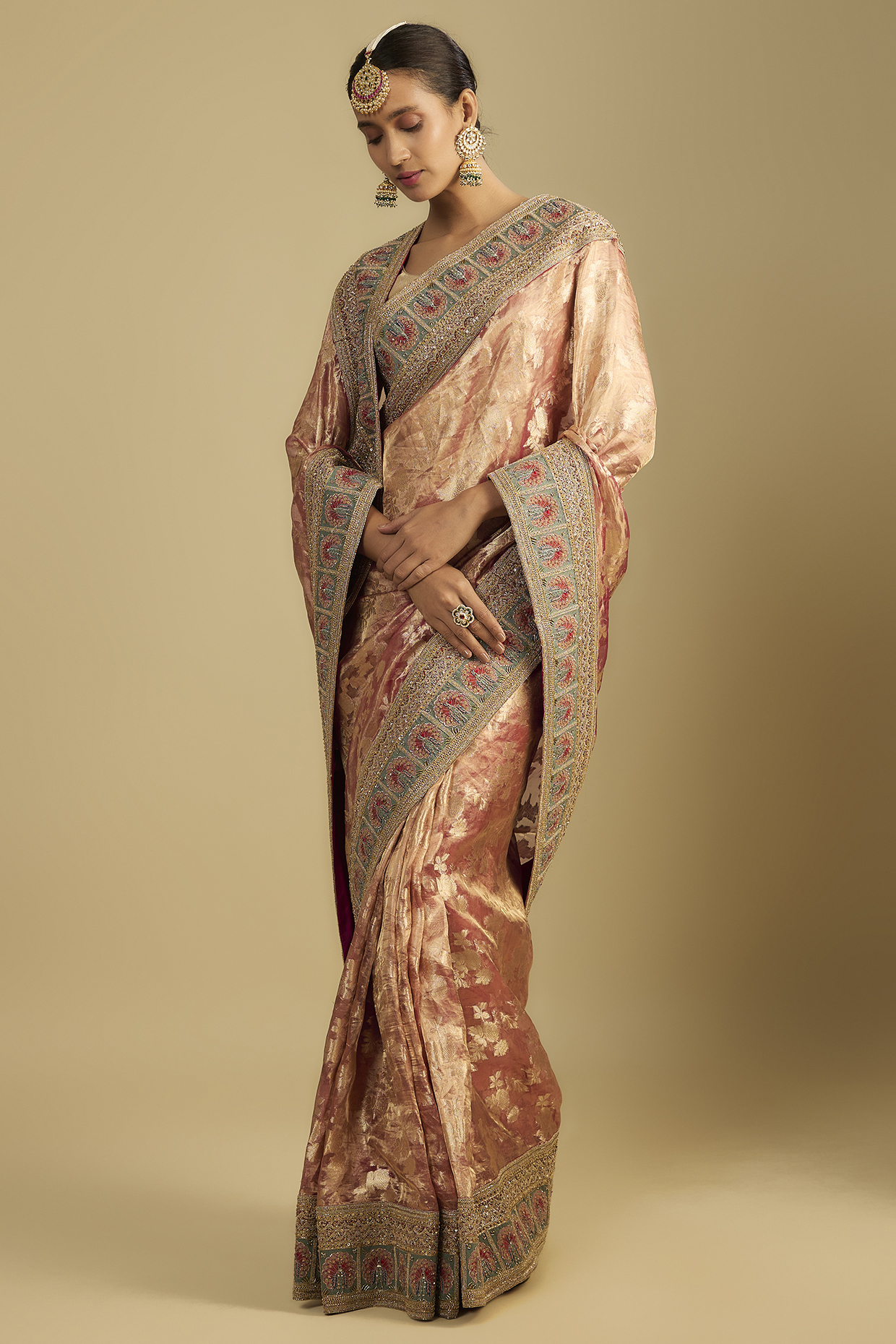 Burnt Orange Tissue Motif Embroidered Wedding Saree Set by Jaya Rathore at Pernia's Pop Up Shop