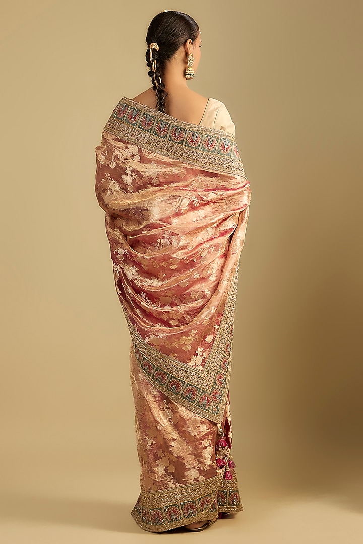 Burnt Orange Tissue Motif Embroidered Wedding Saree Set by Jaya Rathore at Pernia's Pop Up Shop