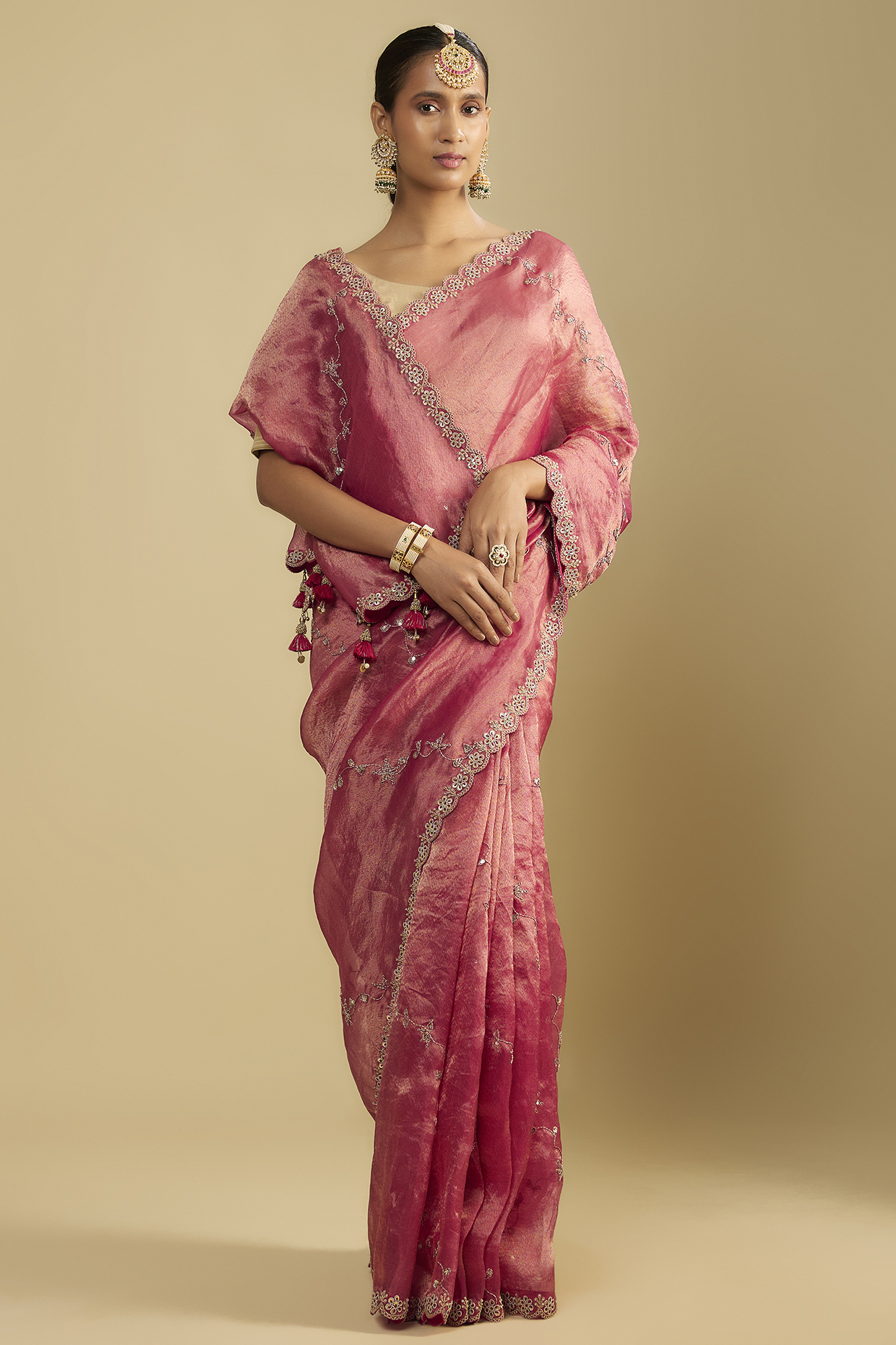 Fuchsia Pink Tissue Dori & Thread Embellished Wedding Saree Set by Jaya Rathore at Pernia's Pop Up Shop