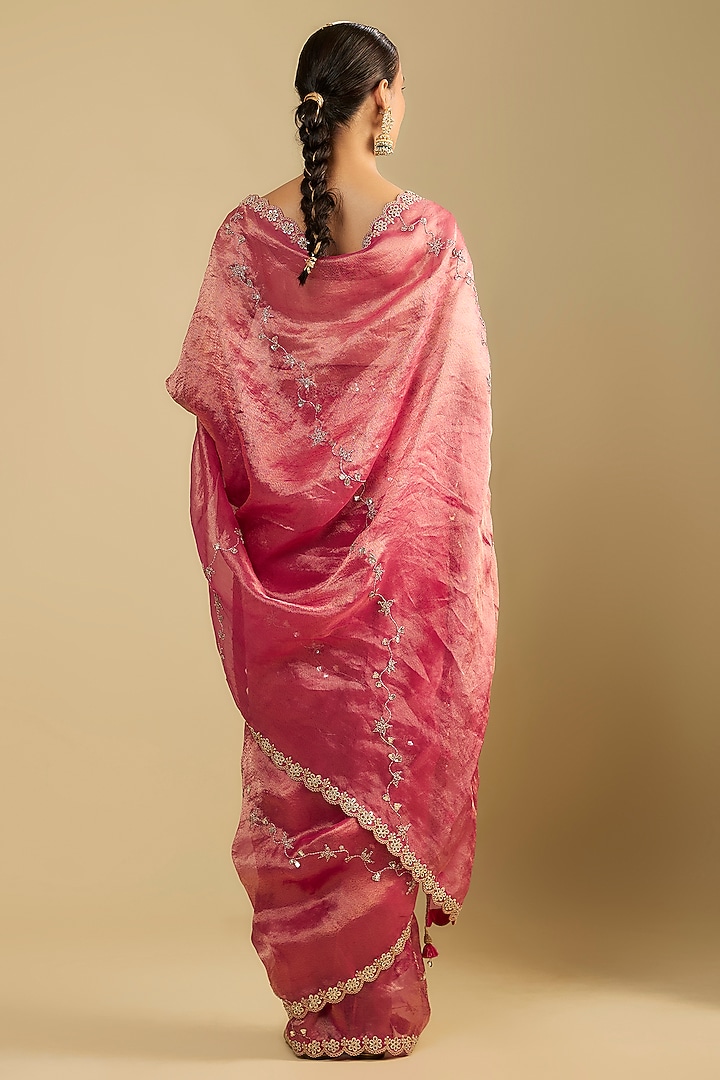 Fuchsia Pink Tissue Dori & Thread Embellished Wedding Saree Set by Jaya Rathore at Pernia's Pop Up Shop