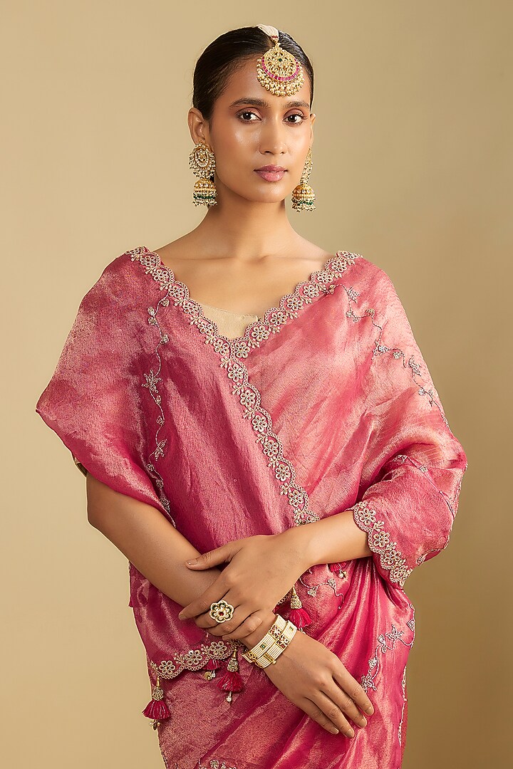 Fuchsia Pink Tissue Dori & Thread Embellished Wedding Saree Set by Jaya Rathore at Pernia's Pop Up Shop