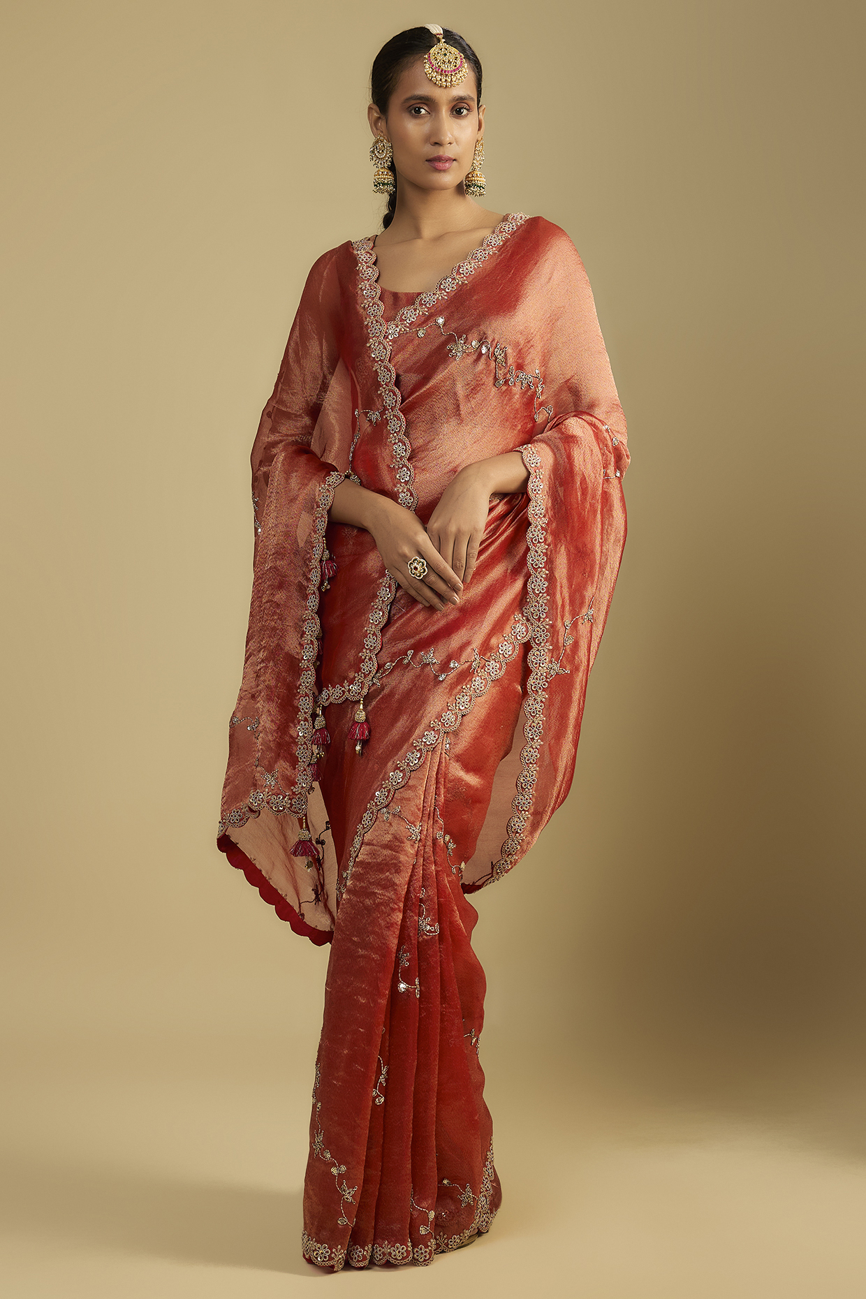 Red Tissue Dori & Thread Embellished Wedding Saree Set by Jaya Rathore at Pernia's Pop Up Shop