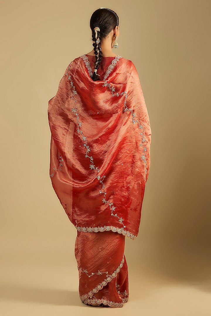 Red Tissue Dori & Thread Embellished Wedding Saree Set by Jaya Rathore at Pernia's Pop Up Shop