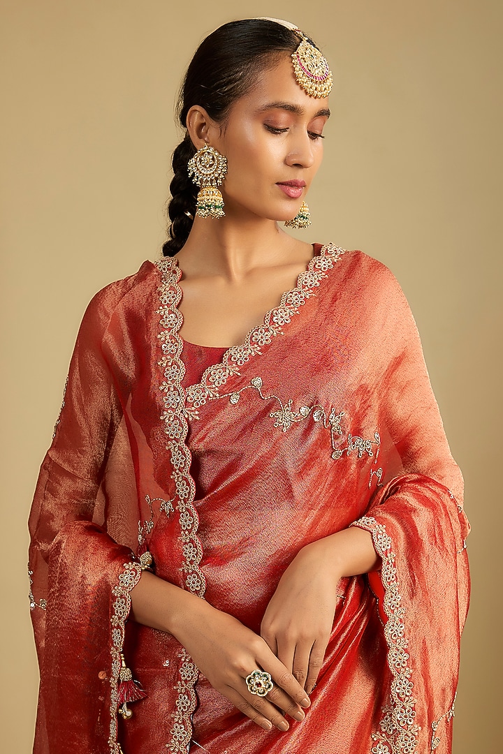 Red Tissue Dori & Thread Embellished Wedding Saree Set by Jaya Rathore at Pernia's Pop Up Shop