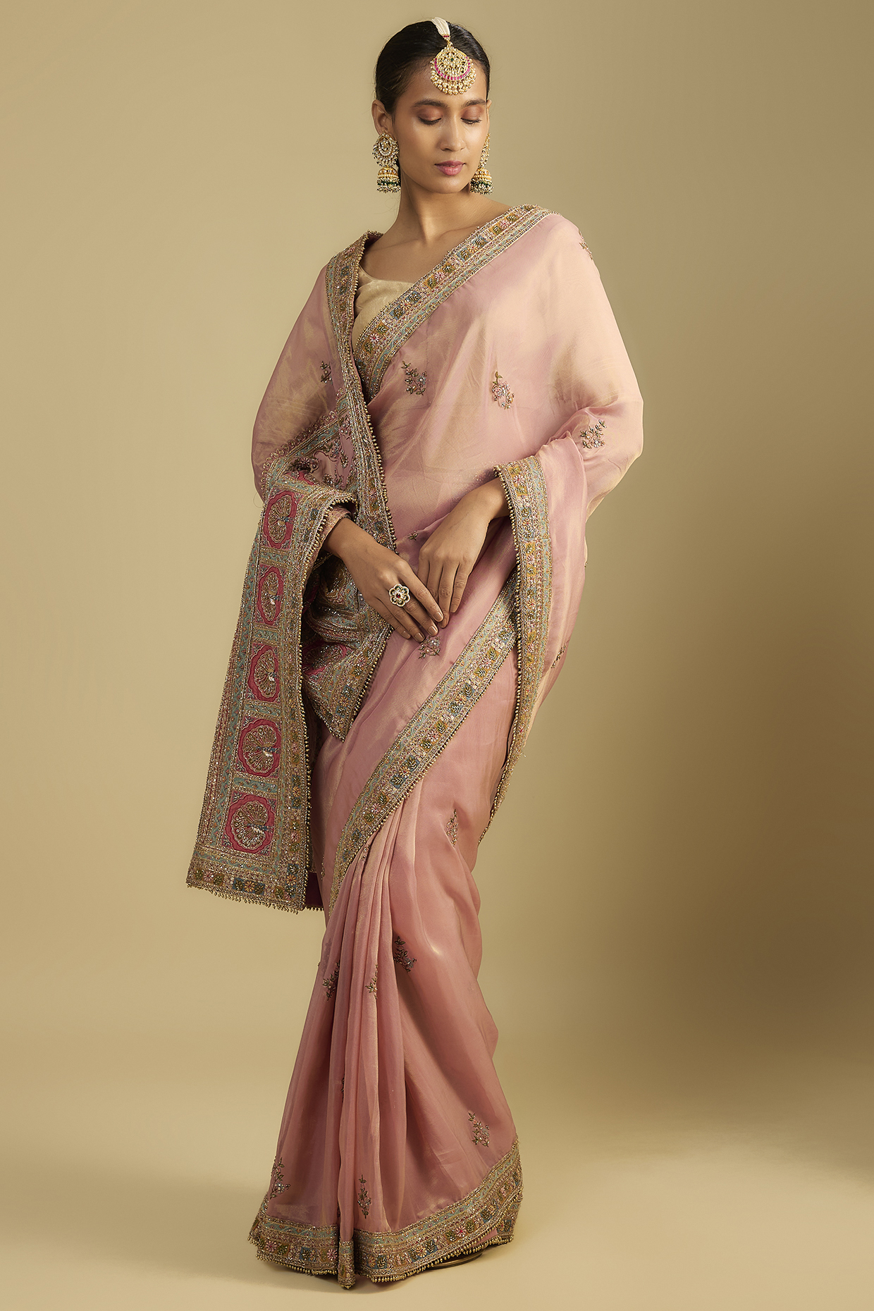 Onion Pink Shimmer Tissue Boota Embroidered Reception Saree Set by Jaya Rathore at Pernia's Pop Up Shop