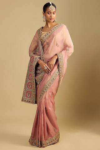 Onion Pink Shimmer Tissue Boota Embroidered Saree Set by Jaya Rathore