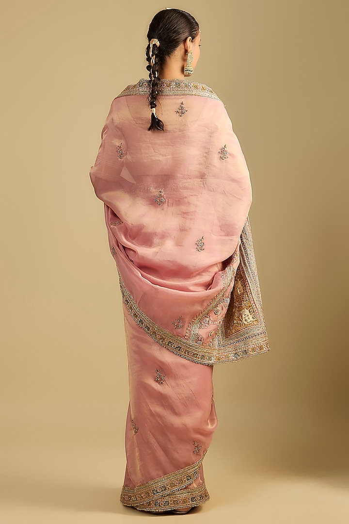 Onion Pink Shimmer Tissue Boota Embroidered Reception Saree Set by Jaya Rathore at Pernia's Pop Up Shop