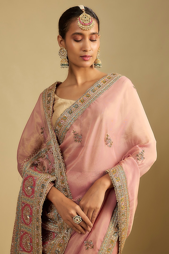 Onion Pink Shimmer Tissue Boota Embroidered Reception Saree Set by Jaya Rathore at Pernia's Pop Up Shop